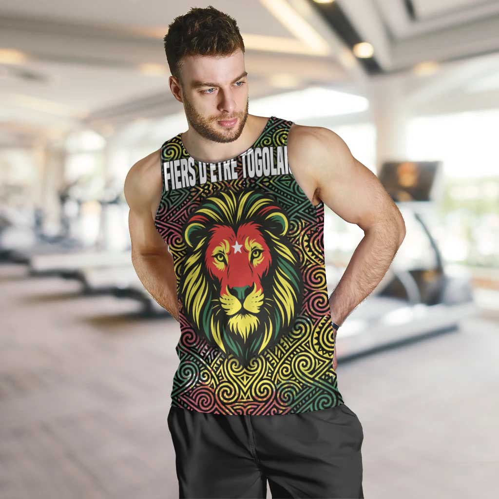 Togo Men Tank Top with Red Lion Head Design and Traditional African Pattern
