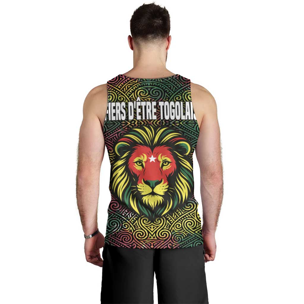 Togo Men Tank Top with Red Lion Head Design and Traditional African Pattern