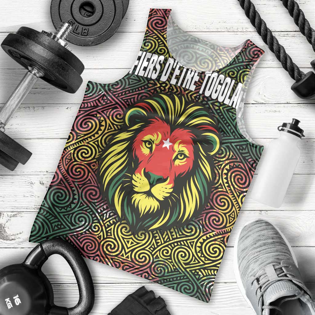Togo Men Tank Top with Red Lion Head Design and Traditional African Pattern