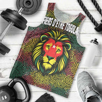 Togo Men Tank Top with Red Lion Head Design and Traditional African Pattern