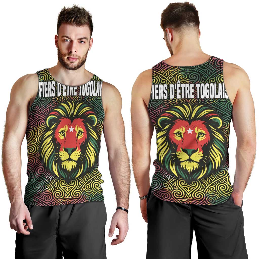 Togo Men Tank Top with Red Lion Head Design and Traditional African Pattern