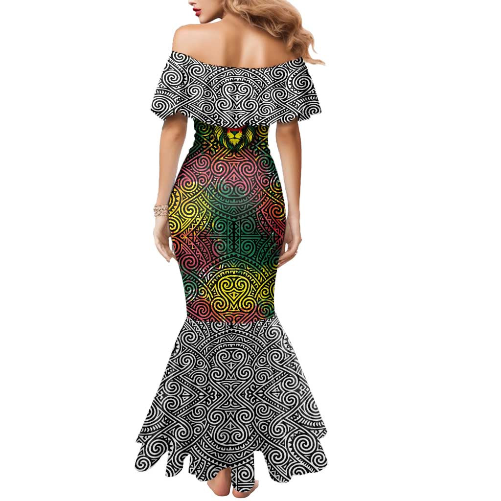 Togo Mermaid Dress with Red Lion Head Design and Traditional African Pattern