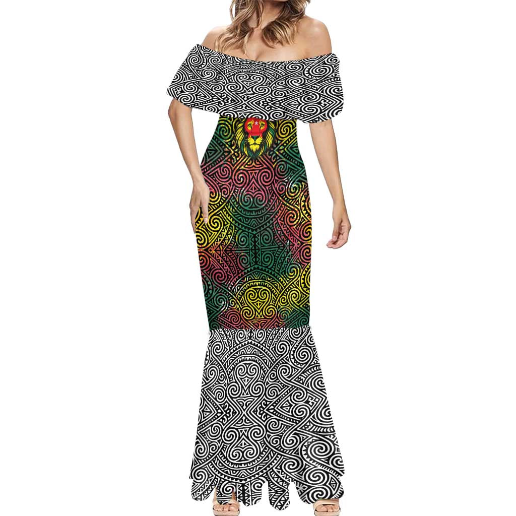 Togo Mermaid Dress with Red Lion Head Design and Traditional African Pattern