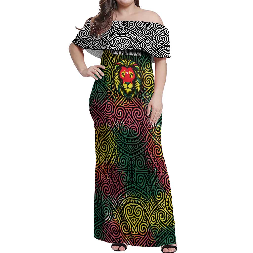 Togo Off Shoulder Maxi Dress with Red Lion Head Design and Traditional African Pattern