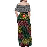 Togo Off Shoulder Maxi Dress with Red Lion Head Design and Traditional African Pattern