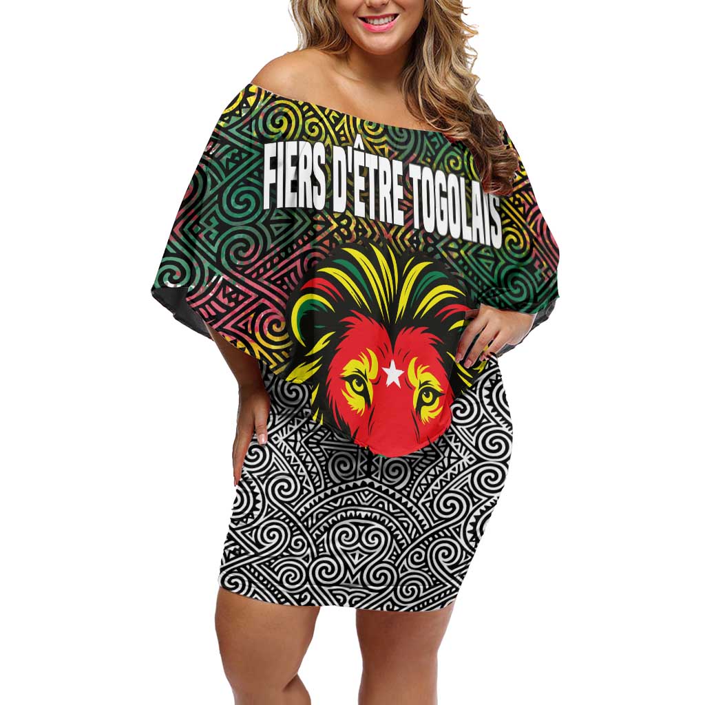 Togo Off Shoulder Short Dress with Red Lion Head Design and Traditional African Pattern