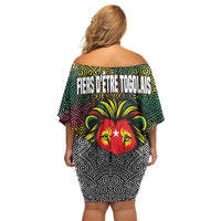 Togo Off Shoulder Short Dress with Red Lion Head Design and Traditional African Pattern
