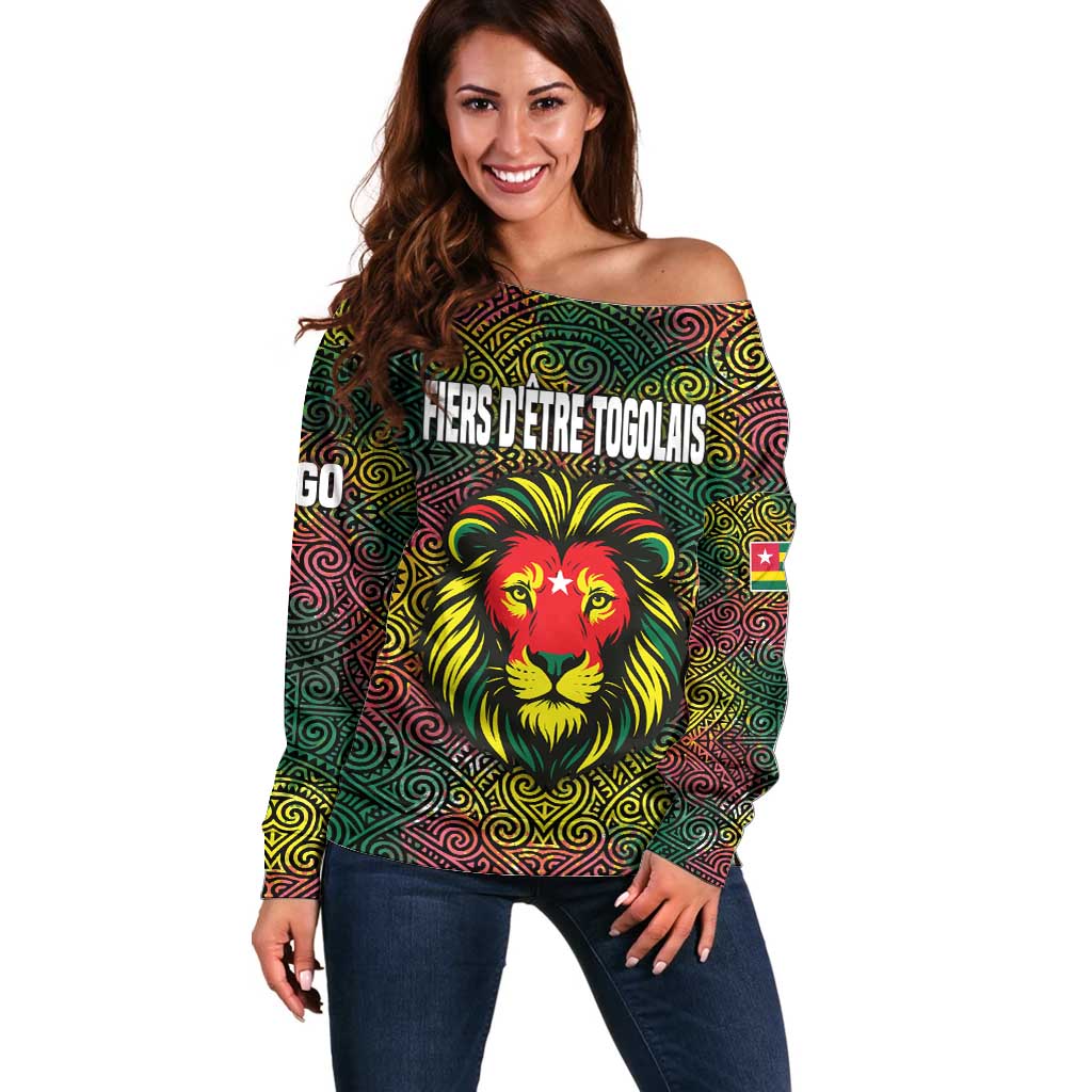 Togo Off Shoulder Sweater with Red Lion Head Design and Traditional African Pattern