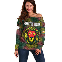 Togo Off Shoulder Sweater with Red Lion Head Design and Traditional African Pattern