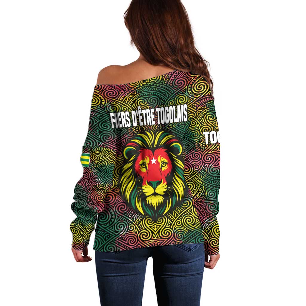 Togo Off Shoulder Sweater with Red Lion Head Design and Traditional African Pattern