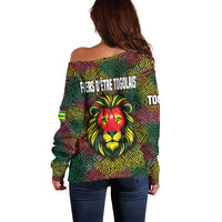 Togo Off Shoulder Sweater with Red Lion Head Design and Traditional African Pattern