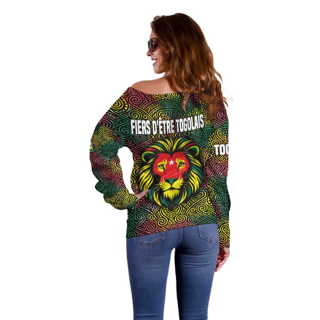Togo Off Shoulder Sweater with Red Lion Head Design and Traditional African Pattern