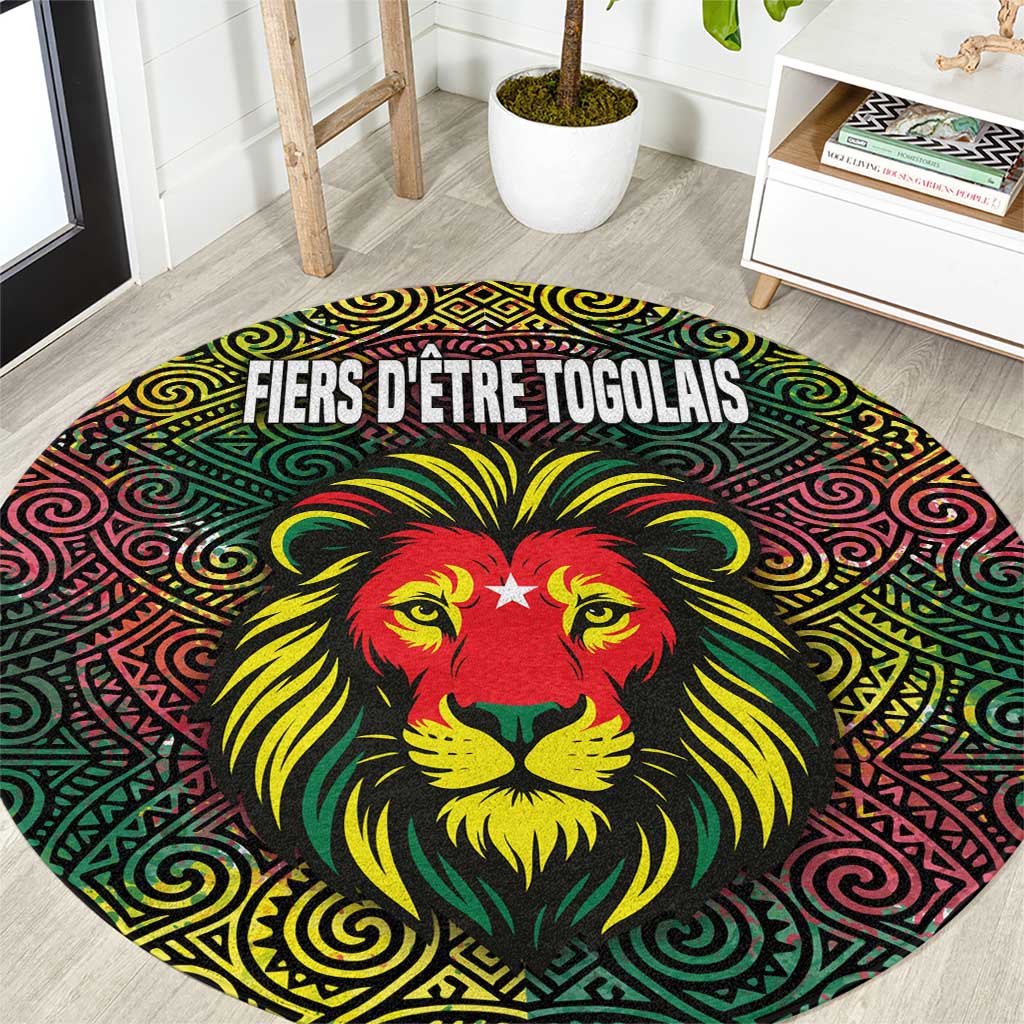 Togo Round Carpet with Red Lion Head Design and Traditional African Pattern