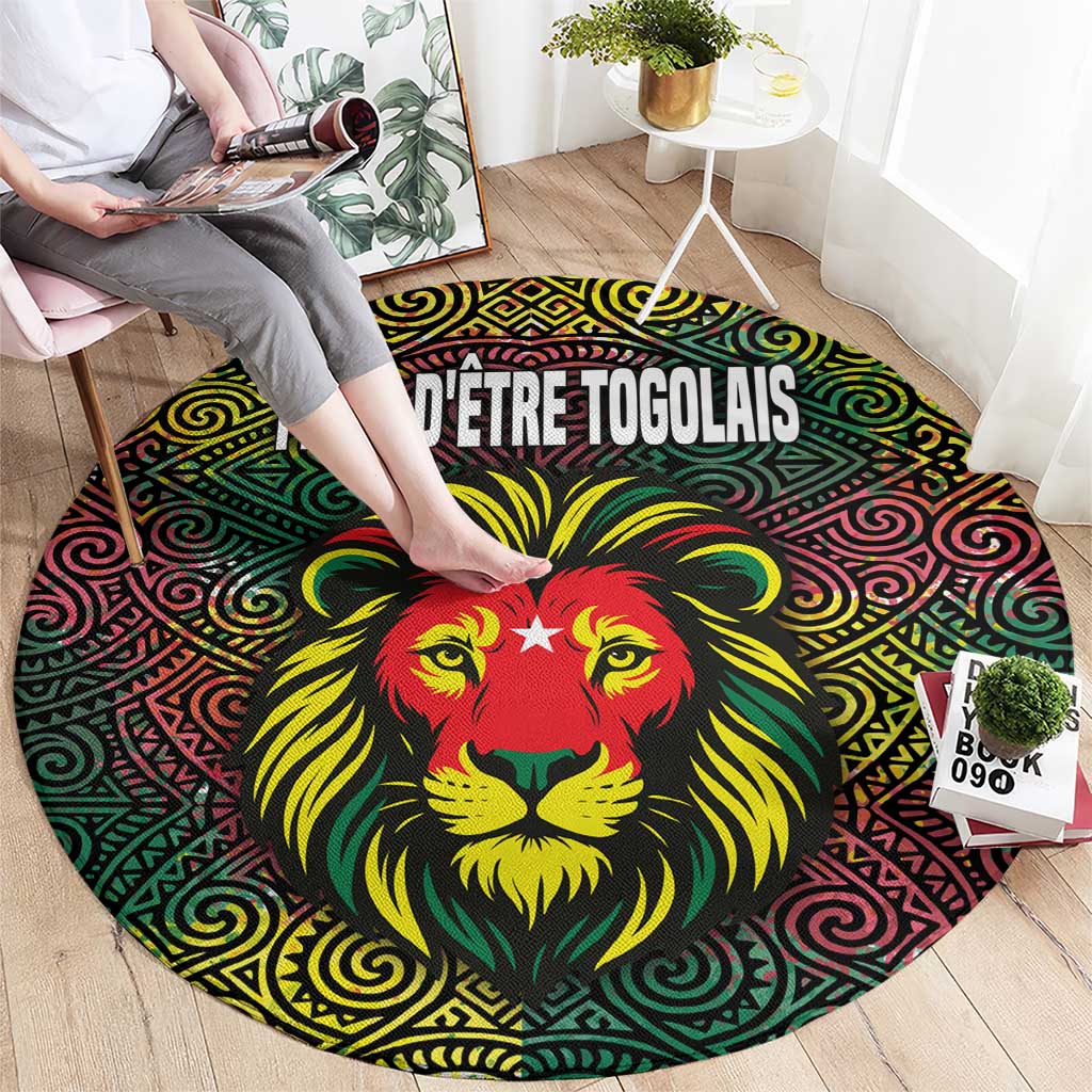 Togo Round Carpet with Red Lion Head Design and Traditional African Pattern
