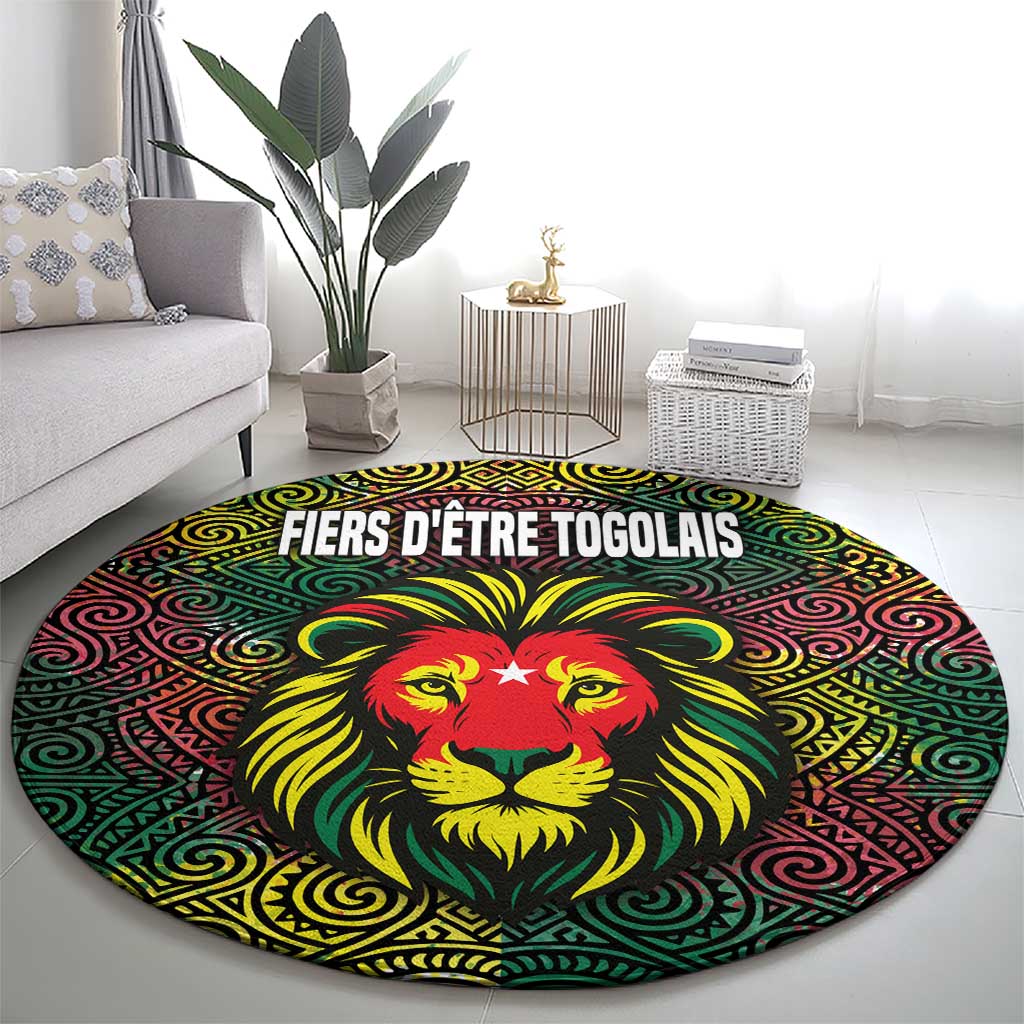 Togo Round Carpet with Red Lion Head Design and Traditional African Pattern