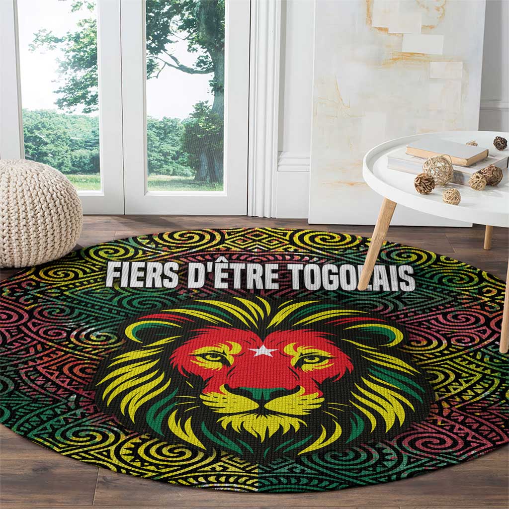 Togo Round Carpet with Red Lion Head Design and Traditional African Pattern