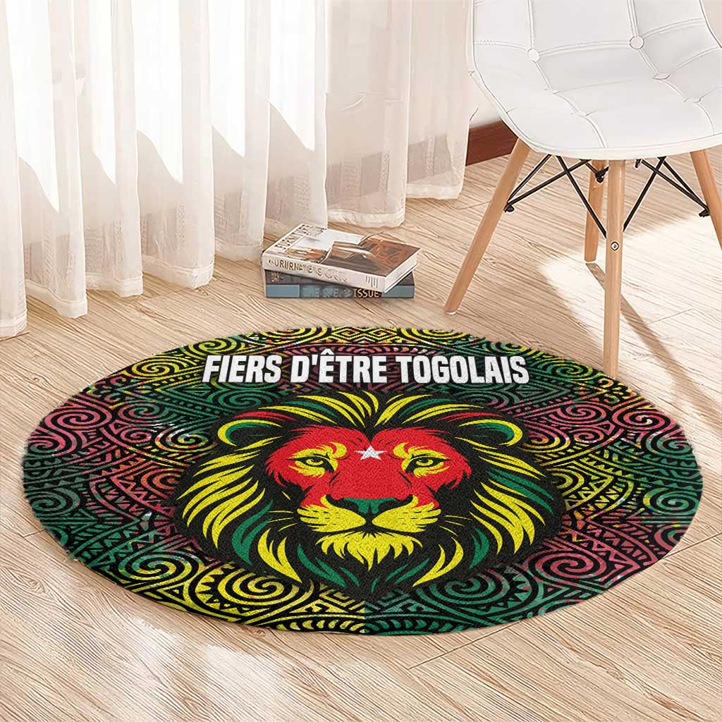 Togo Round Carpet with Red Lion Head Design and Traditional African Pattern