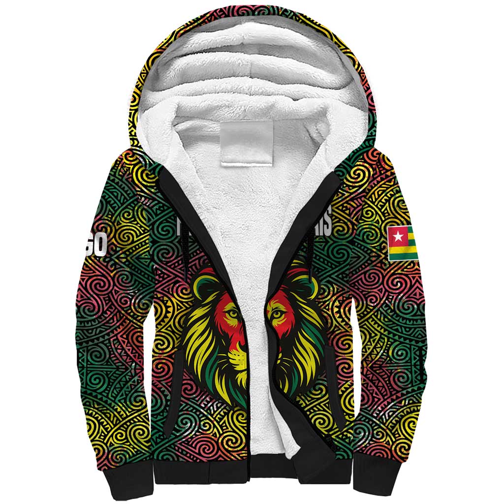 Togo Sherpa Hoodie with Red Lion Head Design and Traditional African Pattern