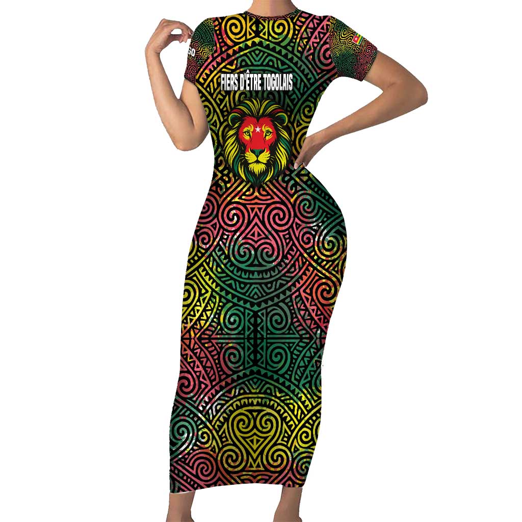Togo Short Sleeve Bodycon Dress with Red Lion Head Design and Traditional African Pattern