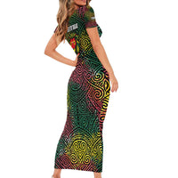 Togo Short Sleeve Bodycon Dress with Red Lion Head Design and Traditional African Pattern