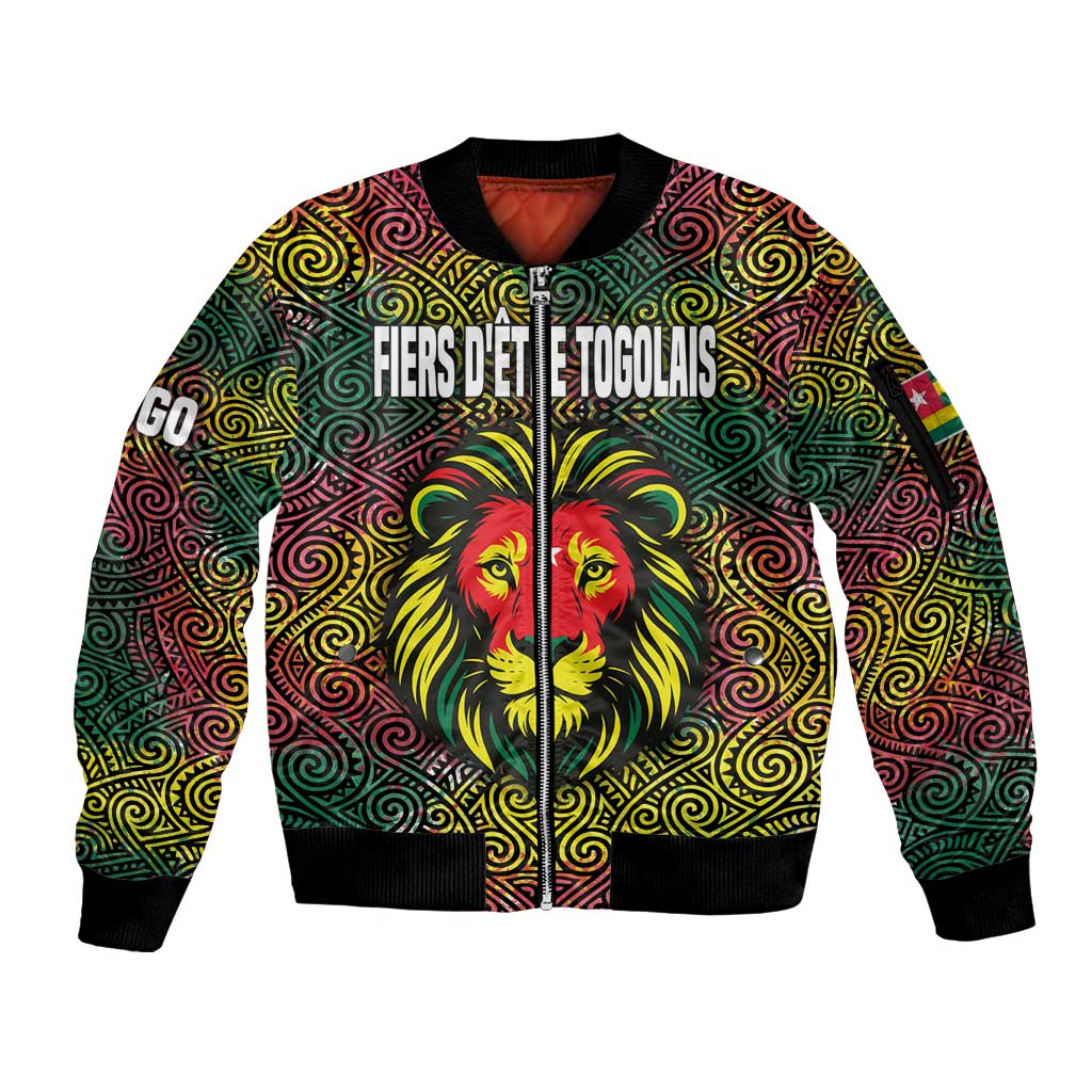 Togo Sleeve Zip Bomber Jacket with Red Lion Head Design and Traditional African Pattern