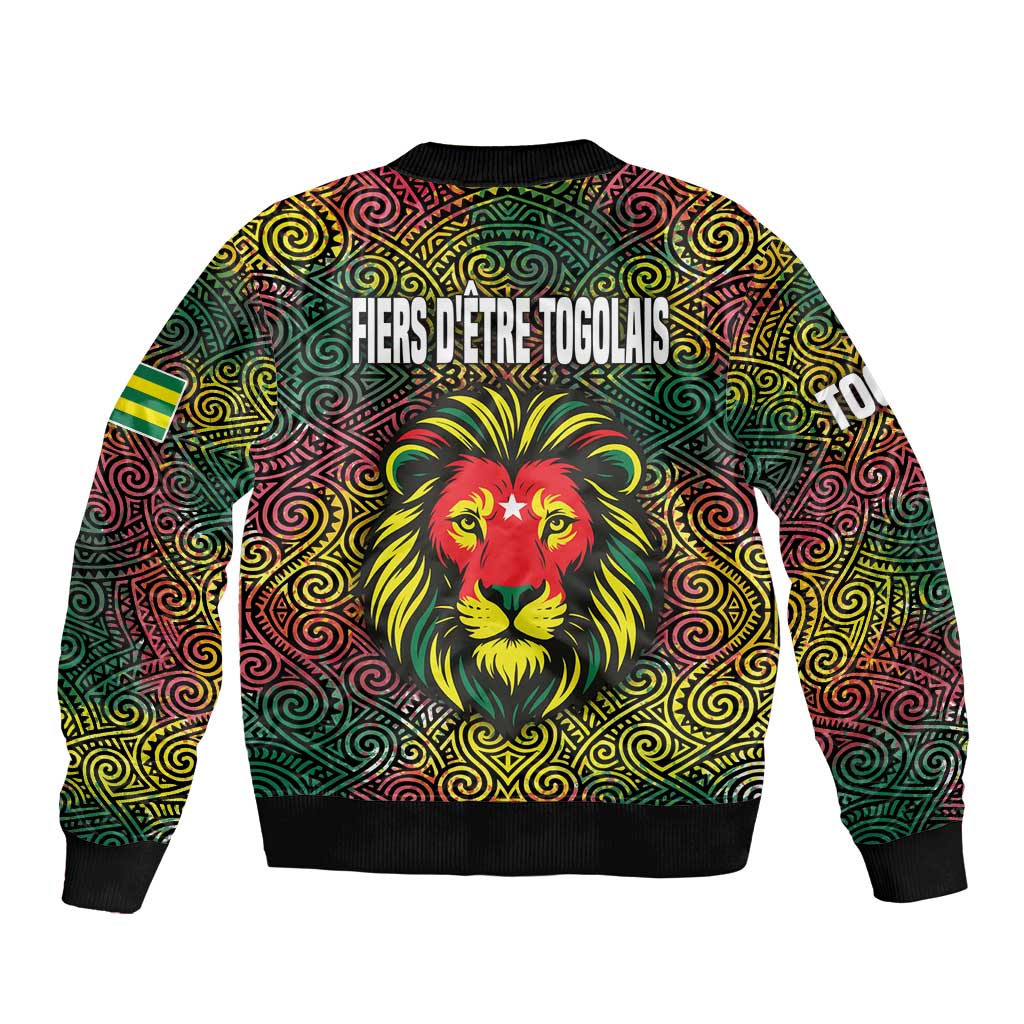 Togo Sleeve Zip Bomber Jacket with Red Lion Head Design and Traditional African Pattern