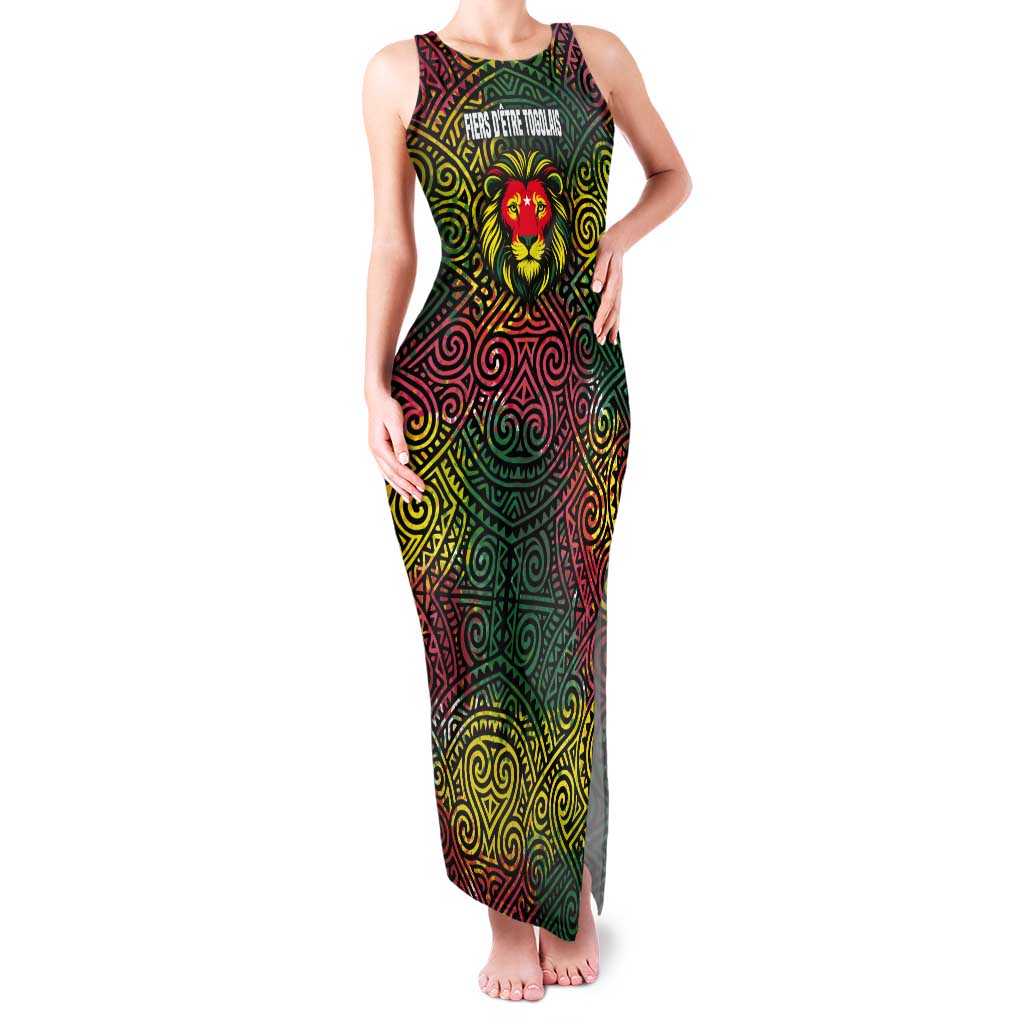 Togo Tank Maxi Dress with Red Lion Head Design and Traditional African Pattern