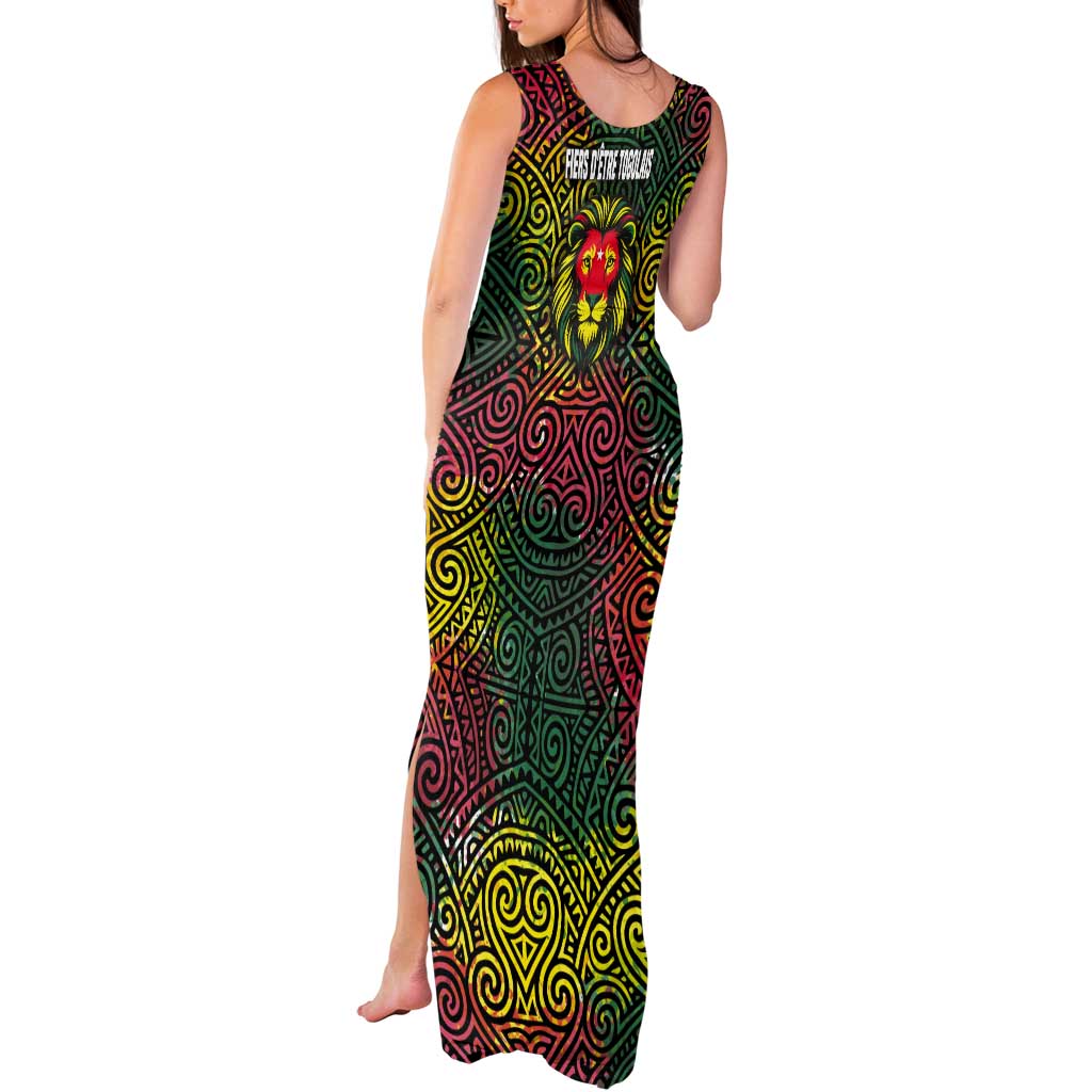 Togo Tank Maxi Dress with Red Lion Head Design and Traditional African Pattern