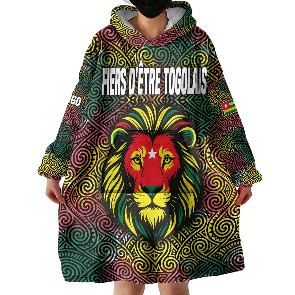 Togo Wearable Blanket Hoodie with Red Lion Head Design and Traditional African Pattern