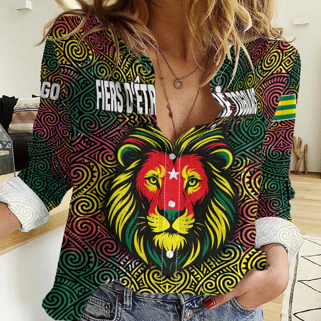 Togo Women Casual Shirt with Red Lion Head Design and Traditional African Pattern