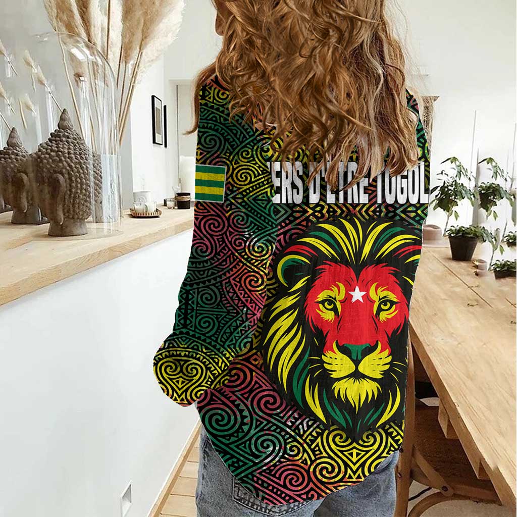 Togo Women Casual Shirt with Red Lion Head Design and Traditional African Pattern