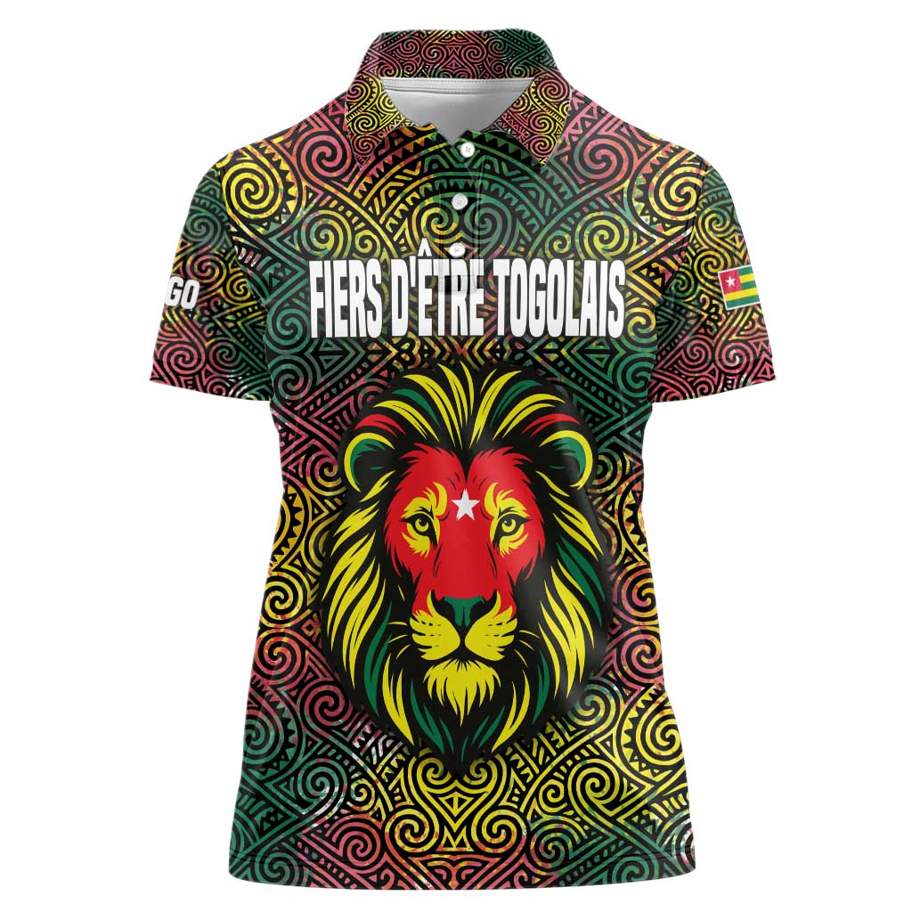 Togo Women Polo Shirt with Red Lion Head Design and Traditional African Pattern