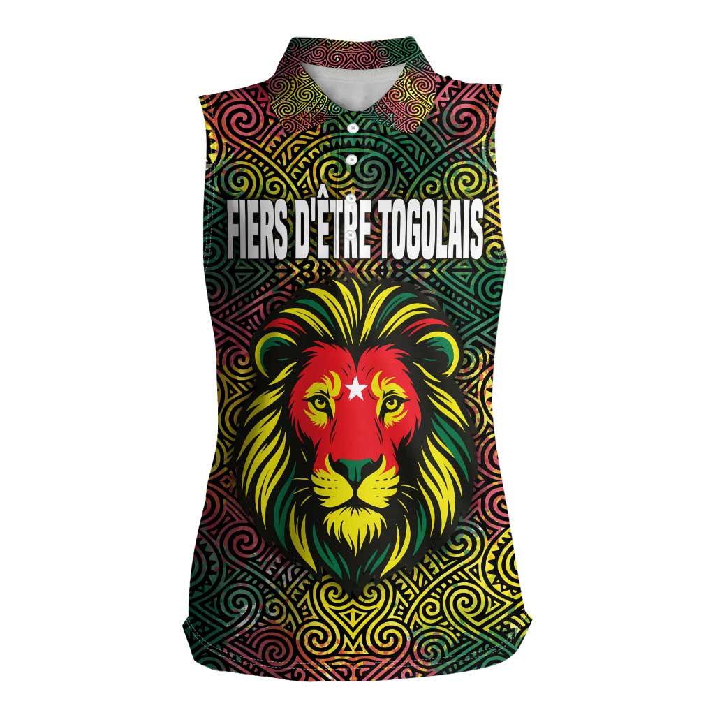 Togo Women Sleeveless Polo Shirt with Red Lion Head Design and Traditional African Pattern