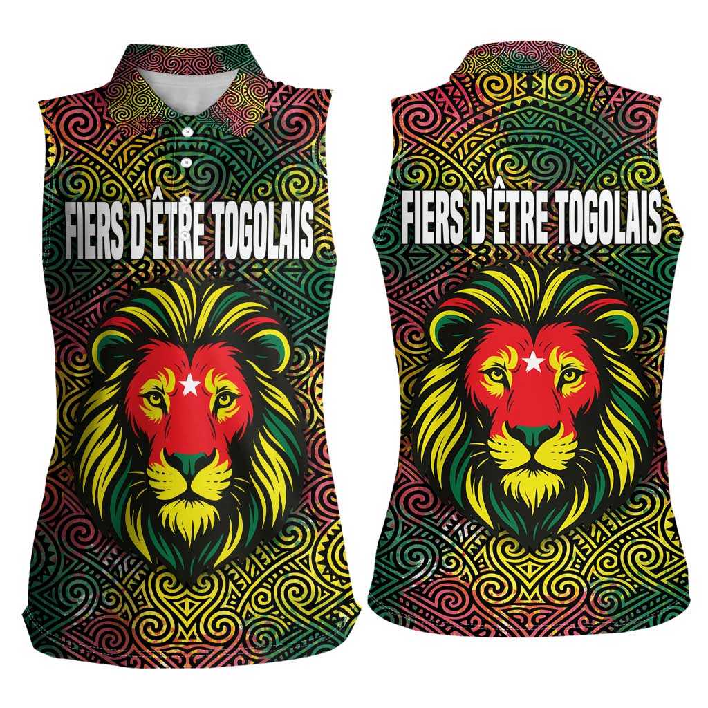 Togo Women Sleeveless Polo Shirt with Red Lion Head Design and Traditional African Pattern