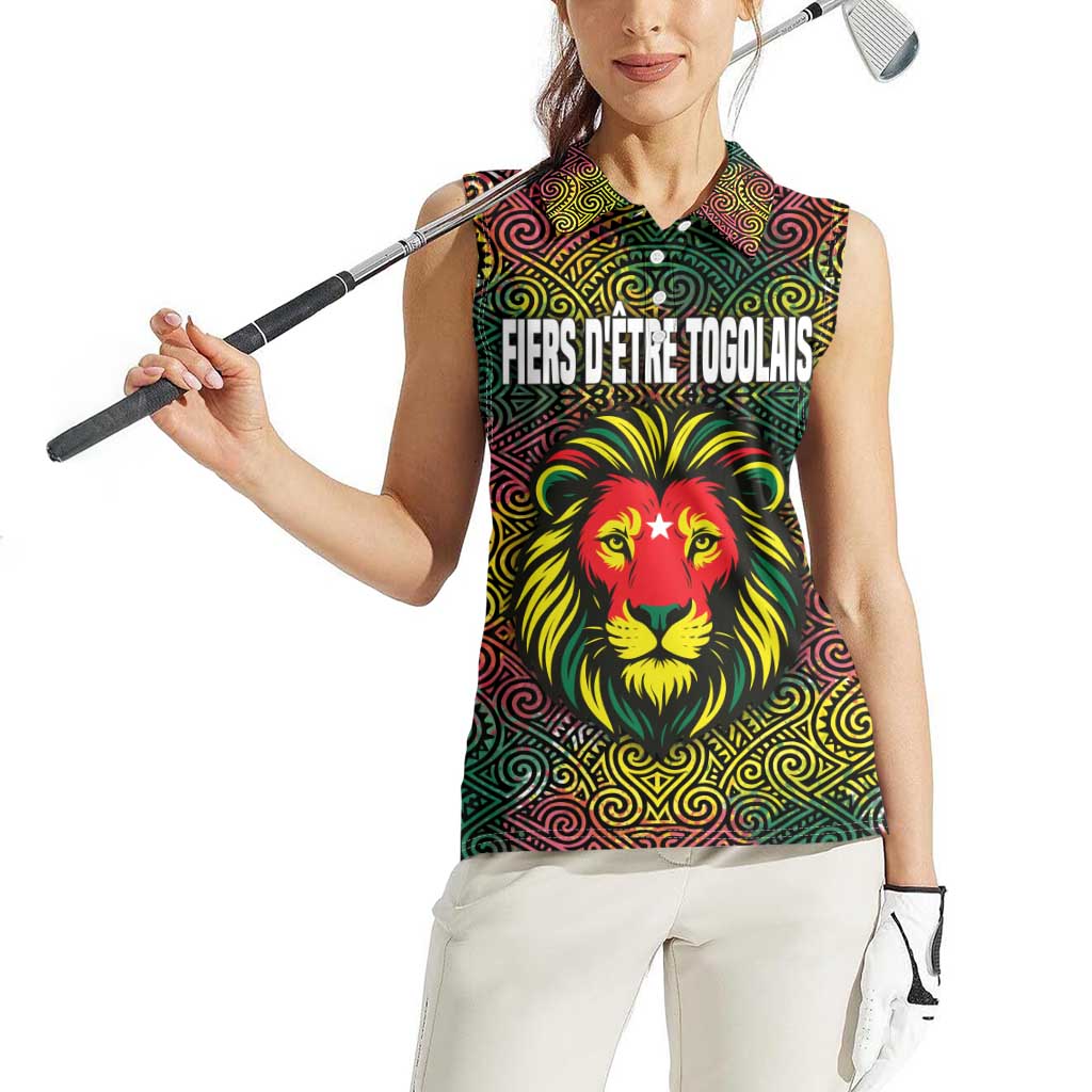 Togo Women Sleeveless Polo Shirt with Red Lion Head Design and Traditional African Pattern
