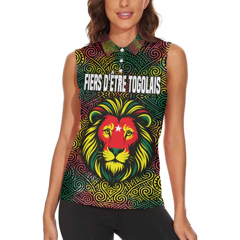 Togo Women Sleeveless Polo Shirt with Red Lion Head Design and Traditional African Pattern