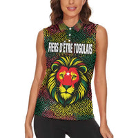 Togo Women Sleeveless Polo Shirt with Red Lion Head Design and Traditional African Pattern