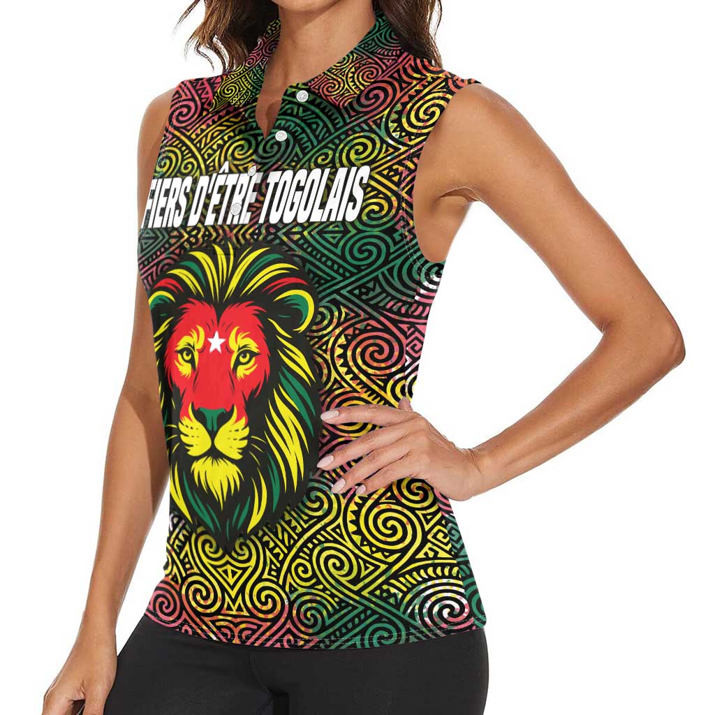 Togo Women Sleeveless Polo Shirt with Red Lion Head Design and Traditional African Pattern