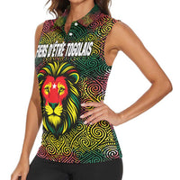 Togo Women Sleeveless Polo Shirt with Red Lion Head Design and Traditional African Pattern
