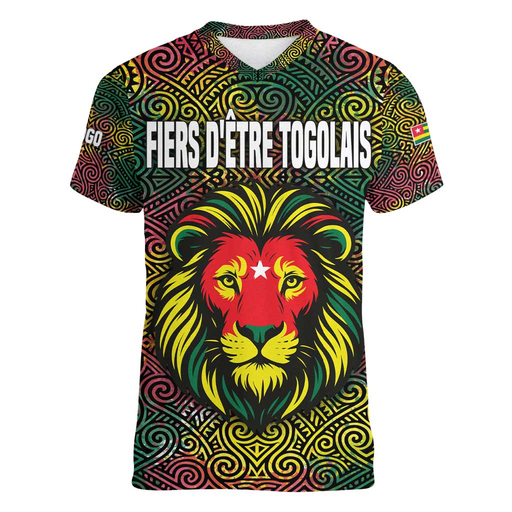 Togo Women V-Neck T-Shirt with Red Lion Head Design and Traditional African Pattern