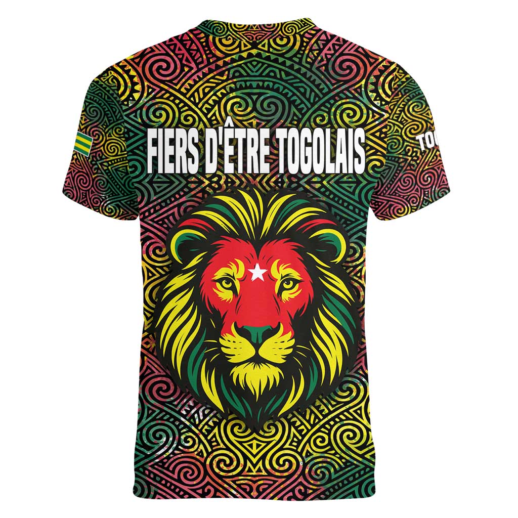 Togo Women V-Neck T-Shirt with Red Lion Head Design and Traditional African Pattern