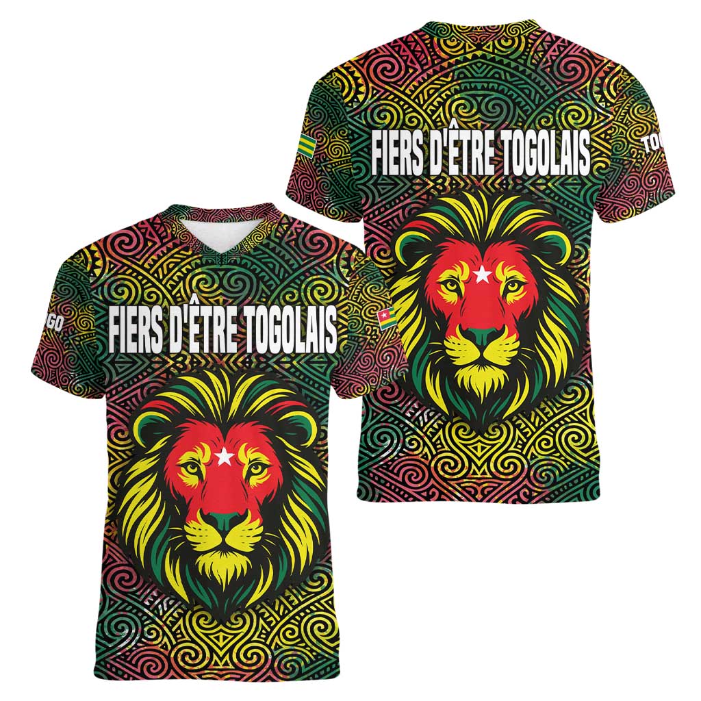 Togo Women V-Neck T-Shirt with Red Lion Head Design and Traditional African Pattern