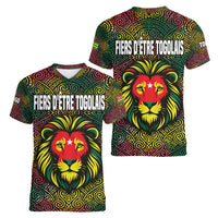 Togo Women V-Neck T-Shirt with Red Lion Head Design and Traditional African Pattern