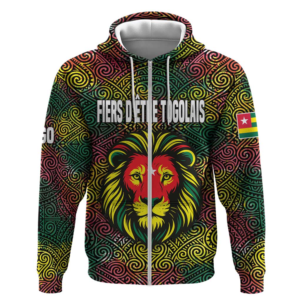 Togo Zip Hoodie with Red Lion Head Design and Traditional African Pattern