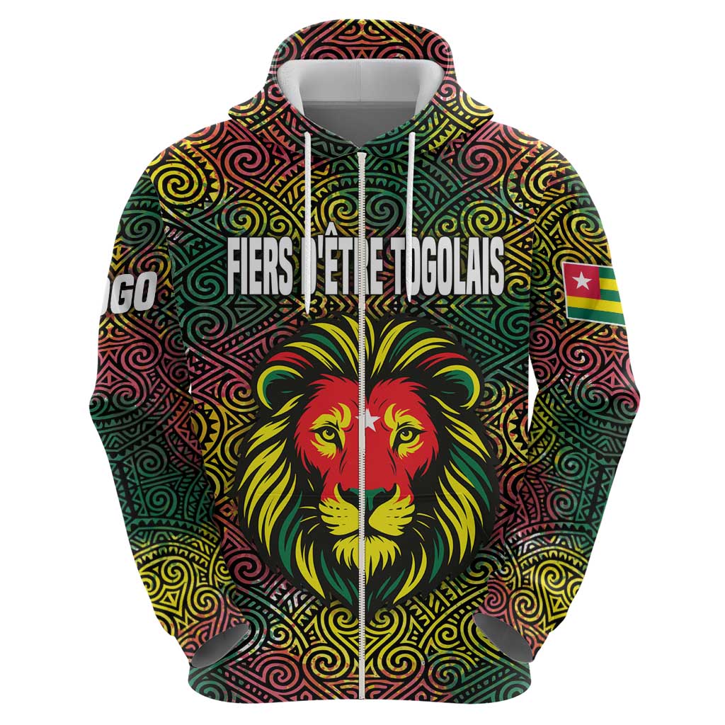 Togo Zip Hoodie with Red Lion Head Design and Traditional African Pattern
