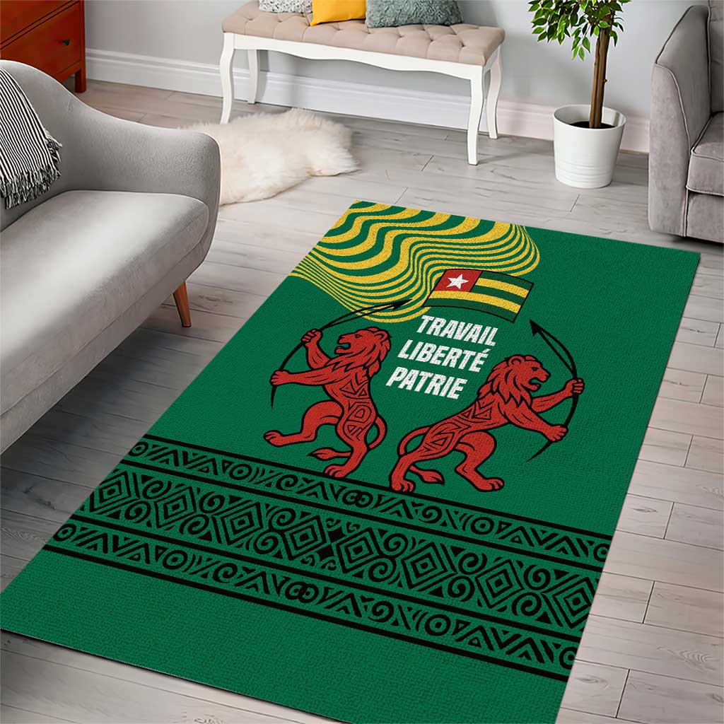 Togo Area Rug with Red Twin Lions and Travail Liberté Patrie Slogan