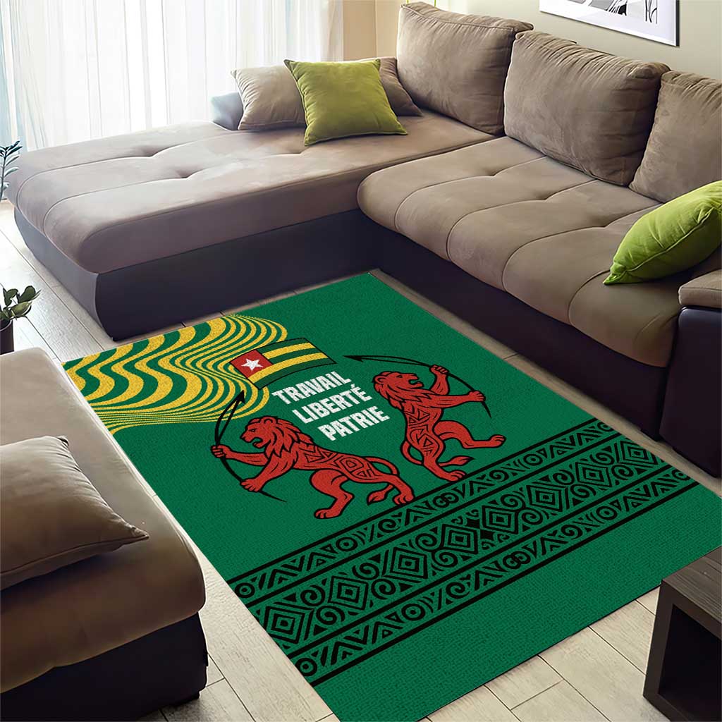 Togo Area Rug with Red Twin Lions and Travail Liberté Patrie Slogan
