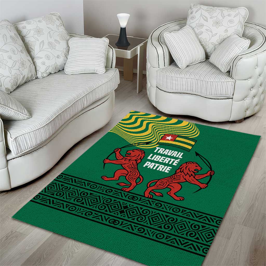 Togo Area Rug with Red Twin Lions and Travail Liberté Patrie Slogan