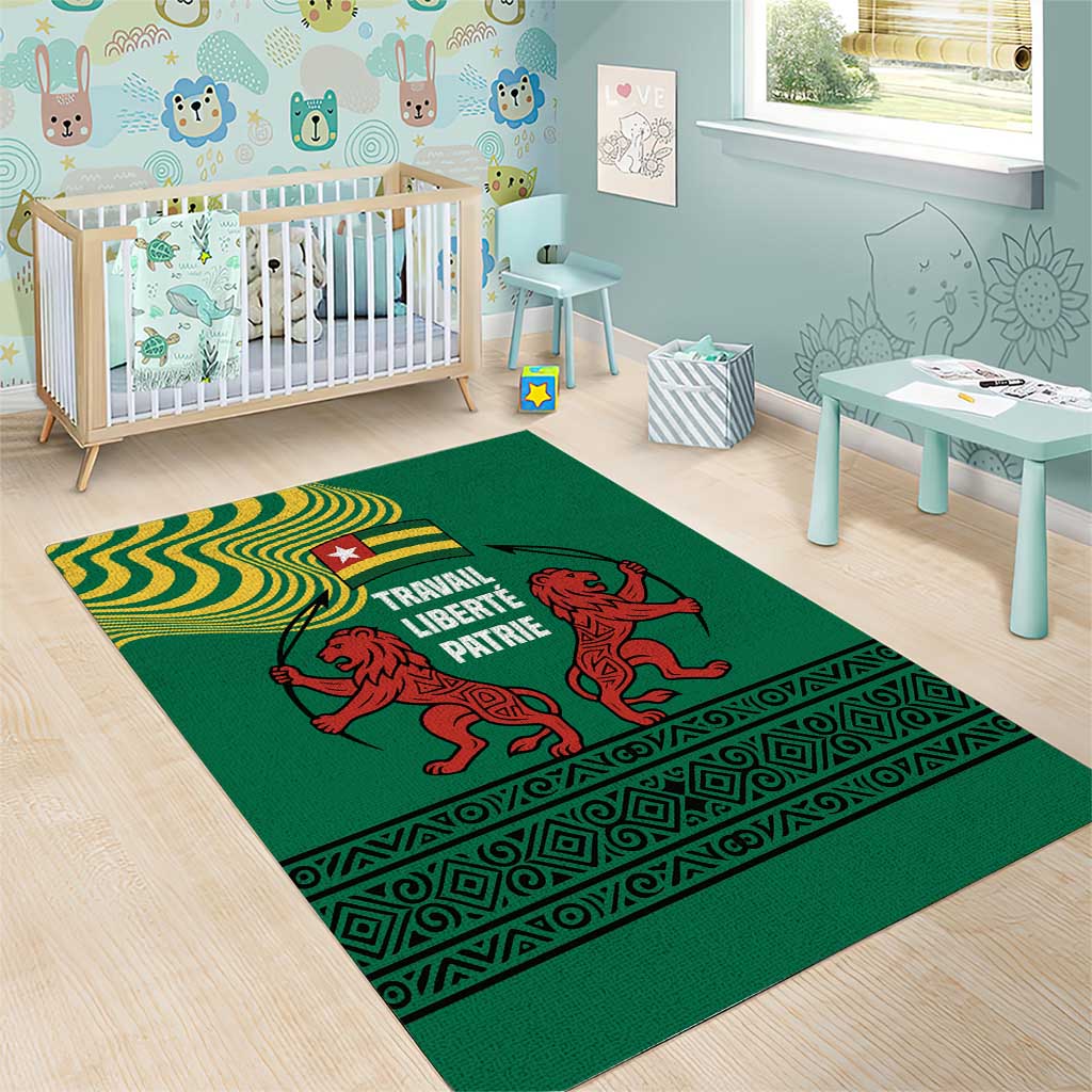 Togo Area Rug with Red Twin Lions and Travail Liberté Patrie Slogan