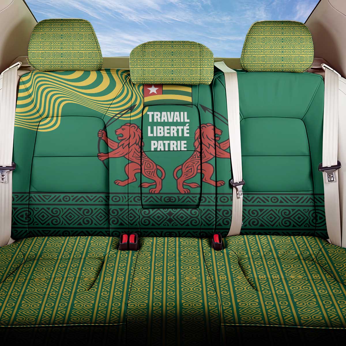 Togo Back Car Seat Cover with Red Twin Lions and Travail Liberté Patrie Slogan